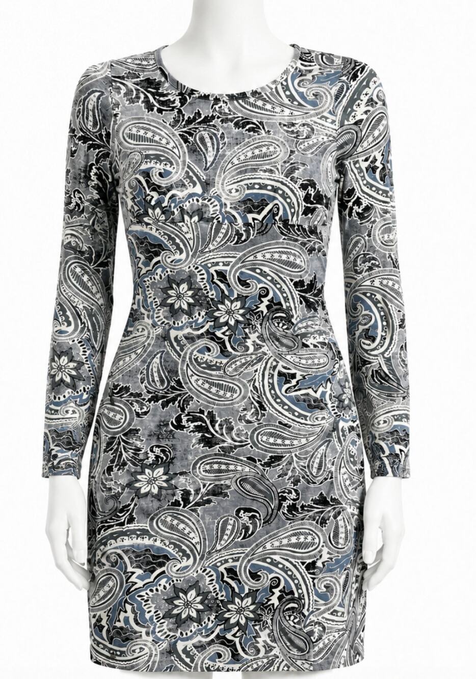 Aventura Dress M Beige Gray Paisley Long Sleeves Organic Cotton Modal Boho Chic